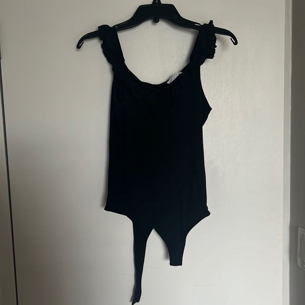 Black Elodie Ribbed Eyelet Strap Bodysuit